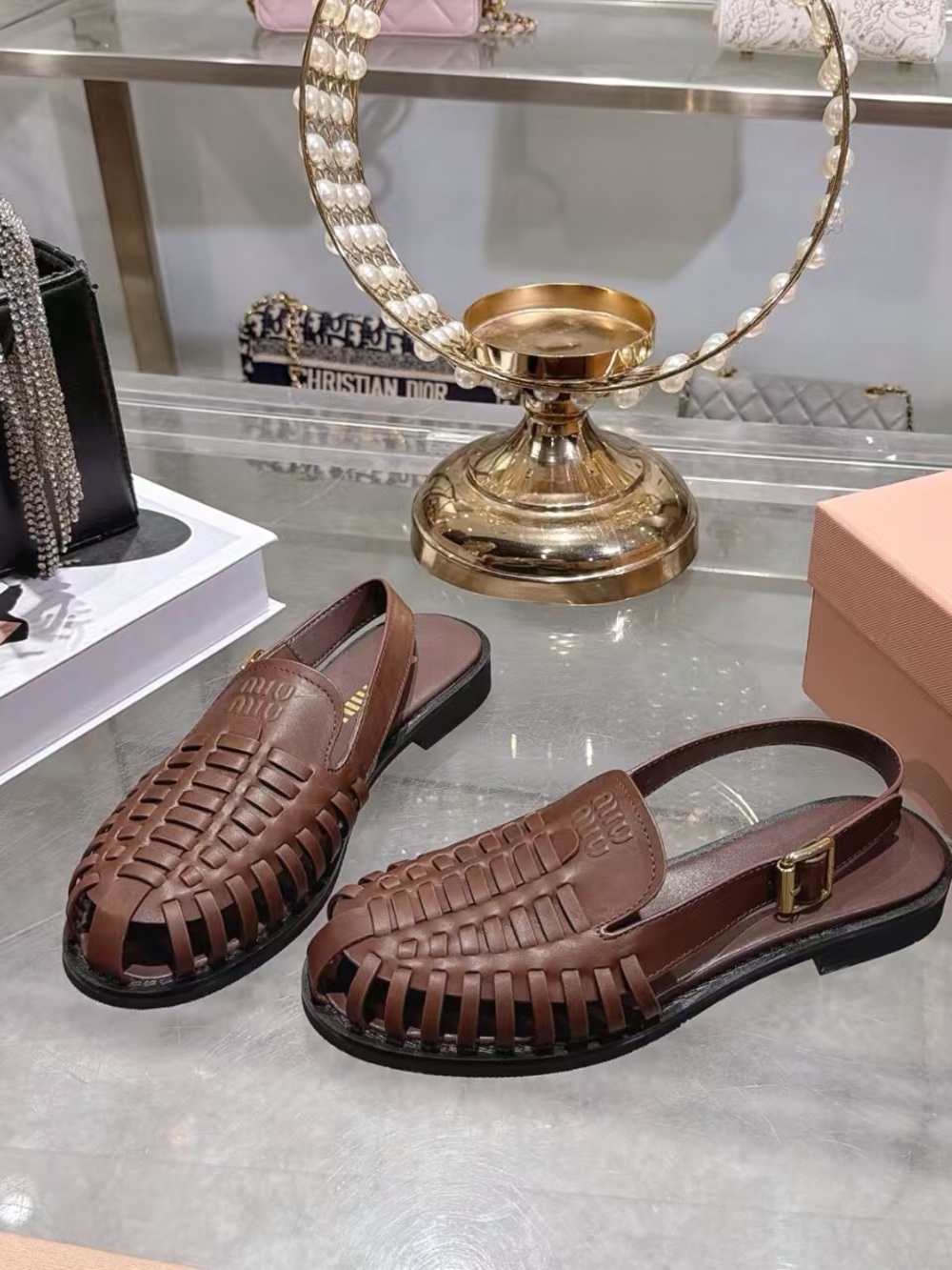 Miu Miu Brown Woven Leather Slingback Sandals - Picture 6 of 7